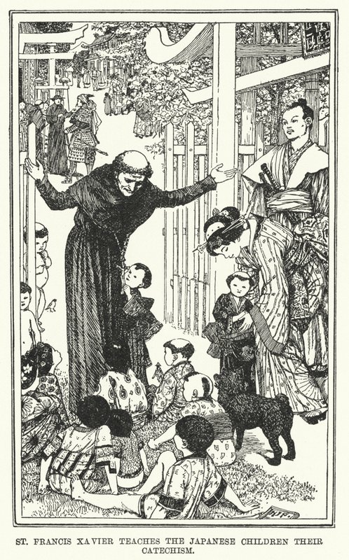 Svatý František Xaverský učí japonské děti jejich katechismus (litho) od Henry Justice Ford