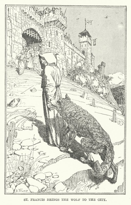 Svatý František přináší vlka do města (litho) od Henry Justice Ford
