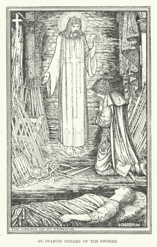 Svatý František sní o meči (litho) od Henry Justice Ford