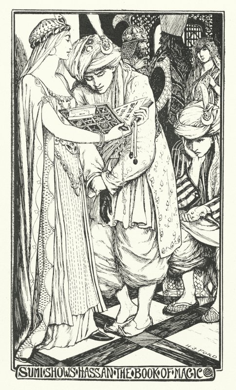 Sumi ukazuje Hassanovi knihu kouzel (rytina) od Henry Justice Ford
