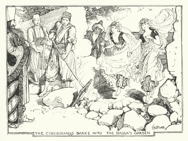 Čerkesové tančí do zahrady basy (rytina) od Henry Justice Ford
