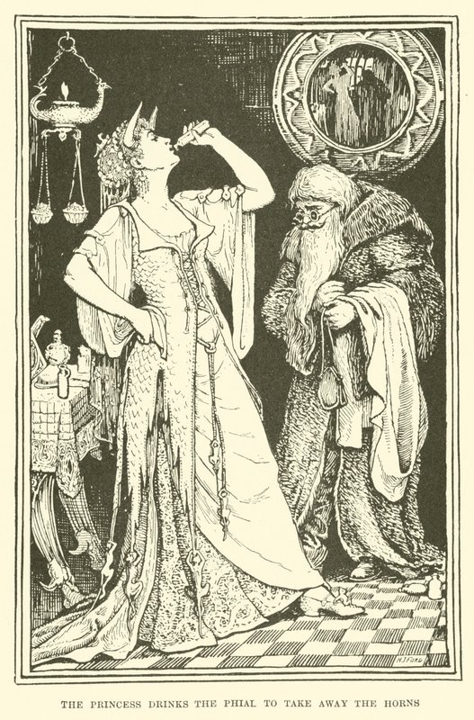 Princezna pije lahvičku, aby vzala rohy (rytina) od Henry Justice Ford