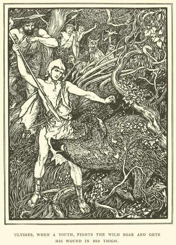 Ulysses, když mladík, bojuje s divočákem a dostane ránu do stehna od Henry Justice Ford