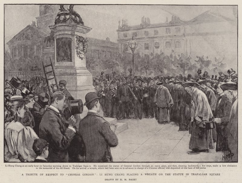 Pocta úcty čínskému Gordonovi, Li Hung Chang klade věnec na sochu na Trafalgar Square od Henry Marriott Paget