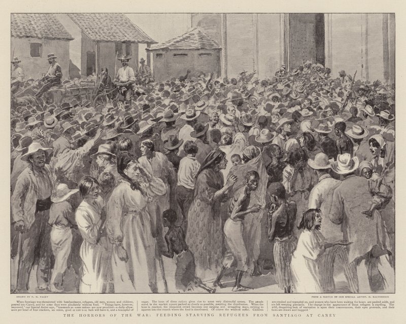 The Horrors of the War, krmení hladovějících uprchlíků ze Santiaga v Caney od Henry Marriott Paget