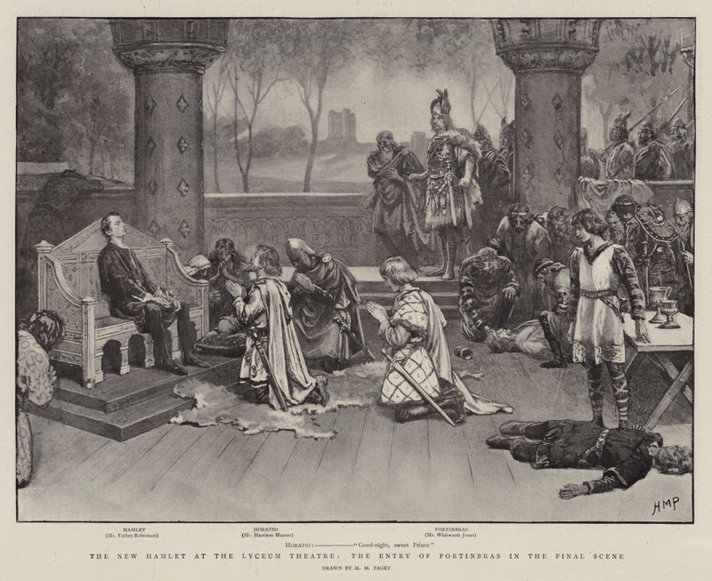Nový Hamlet v divadle Lyceum, vstup do Fortinbras v závěrečné scéně od Henry Marriott Paget