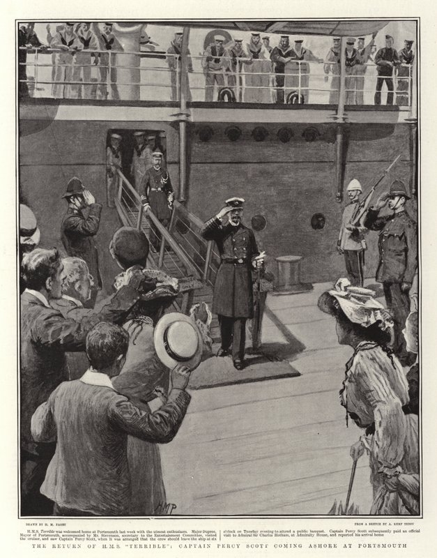 Návrat H. M. Hrozného, kapitán Percy Scott přichází na břeh v Portsmouthu od Henry Marriott Paget