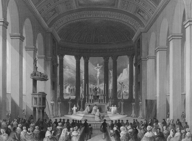 Oslava vysoké mše na Štědrý den, římskokatolická kaple, Moorfields, City of London (rytina) od Henry Melville