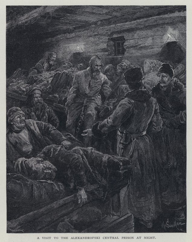 Návštěva centrální věznice Alexandrofski v noci (litho) od Henry Sandham