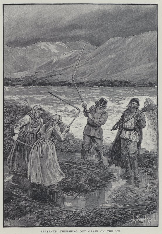 Rolníci mlátí obilí na ledu (litho) od Henry Sandham