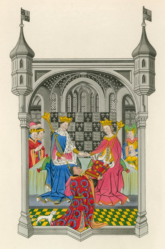 John Talbot, hrabě ze Shrewsbury, předává svou knihu královně Margaret, ilustrace z knihy "Dresses and Decorations" od Henryho G. Bohna od Henry Shaw