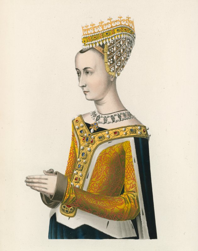 Margaret, královna Jakuba III. Skotského, c 1483, poloviční portrét od Henry Shaw