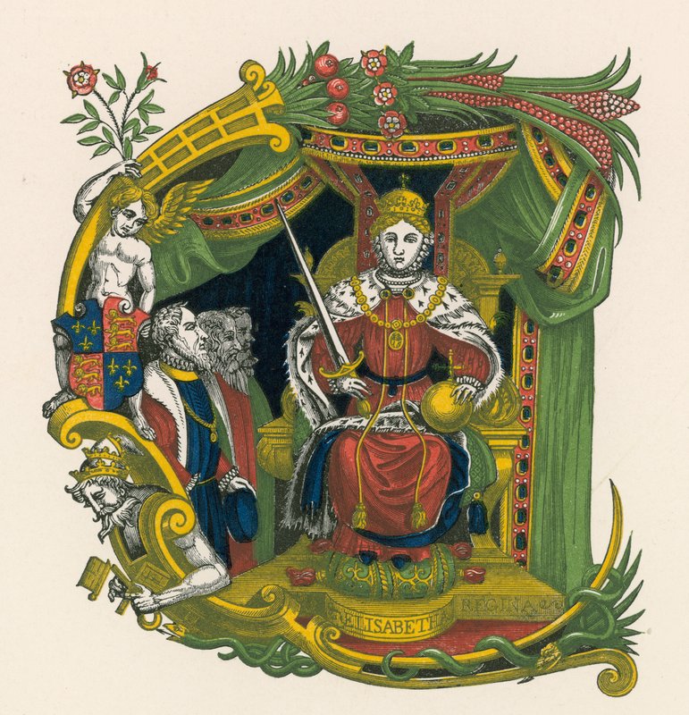 Ornamentální písmeno E, obsahující portrét královny Alžběty I od Henry Shaw