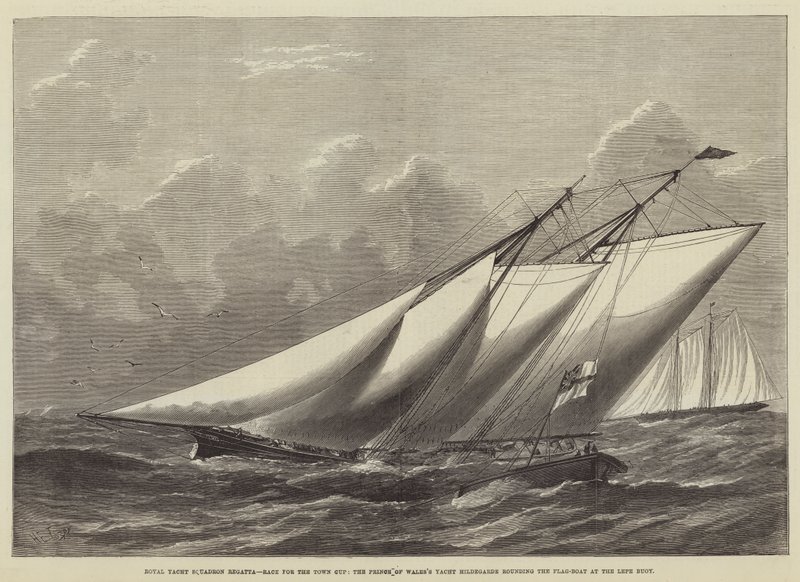 Royal Yacht Squadron Regatta, závod o pohár města, jachta prince z Walesu Hildegarde obeplouvající vlajkový člun na bóji Lepe od Henry Spernon Tozer