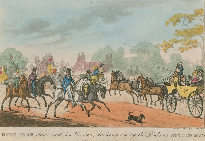 Hyde Park, Londýn, Tom a jeho bratranec pobíhají mezi růžovými v Rotten Row od Henry Thomas Alken
