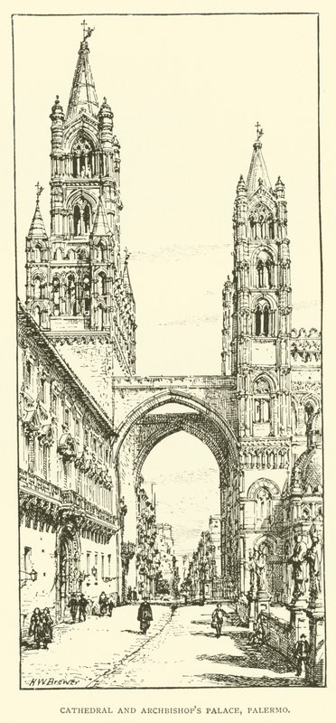 Katedrála a arcibiskupský palác, Palermo (rytina) od Henry William Brewer