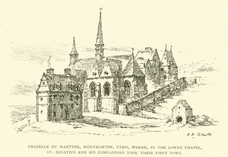 Chapelle du Martyre, Montmartre, Paříž, kde v Dolní kapli sv. Ignác a jeho společníci složili své první sliby (rytina) od Henry William Brewer