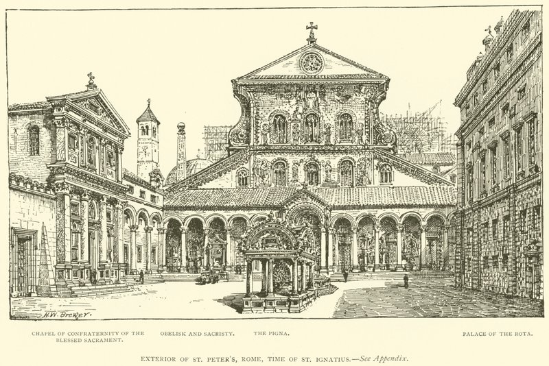Exteriér svatého Petra, Řím, doba svatého Ignáce (rytina) od Henry William Brewer