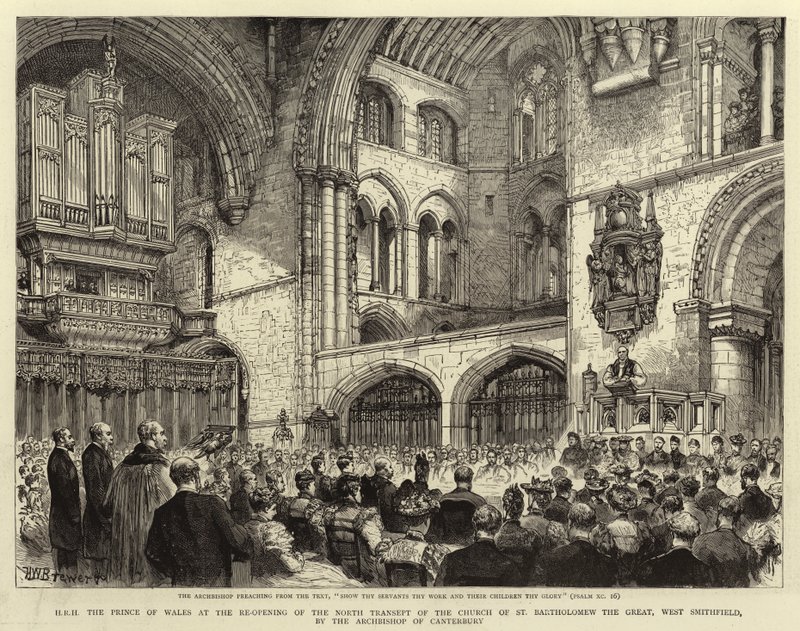 H R H princ z Walesu při znovuotevření severní příčné lodi kostela svatého Bartoloměje Velikého, West Smithfield, arcibiskupem z Canterbury od Henry William Brewer