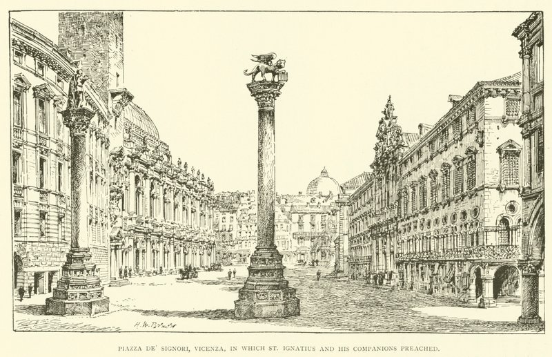 Piazza dei Signori, Vicenza, na kterém kázal sv. Ignác a jeho společníci (rytina) od Henry William Brewer