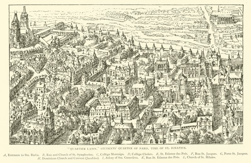 "Latinská čtvrť," Studentská čtvrť v Paříži, doba svatého Ignáce (rytina) od Henry William Brewer