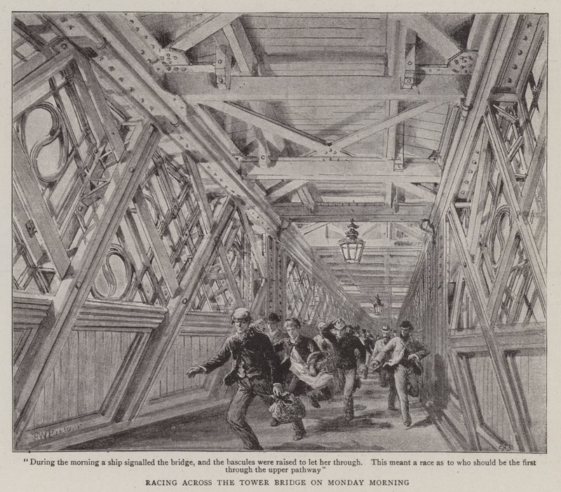 Závodění přes Tower Bridge v pondělí ráno od Henry William Brewer