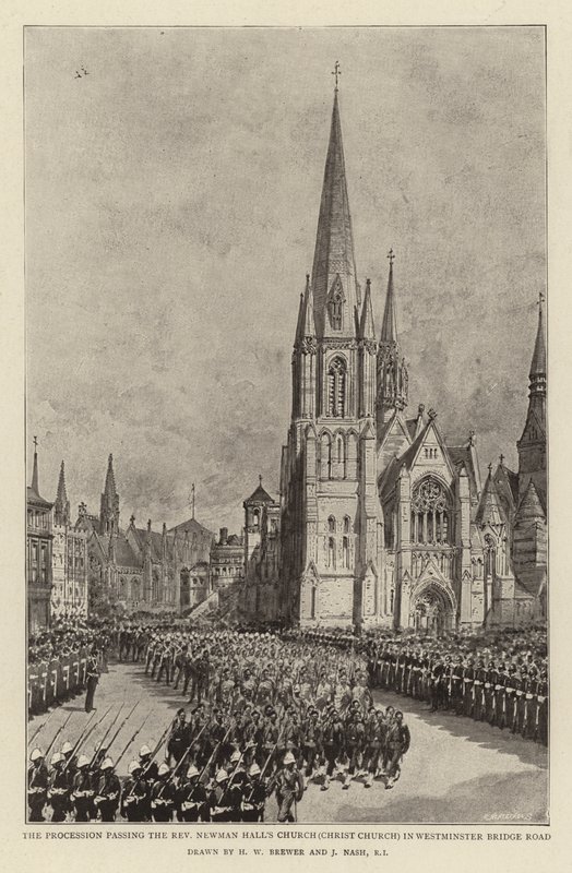 Průvod procházející kolem kostela reverenda Newmana Halla (Christ Church) na Westminster Bridge Road od Henry William Brewer