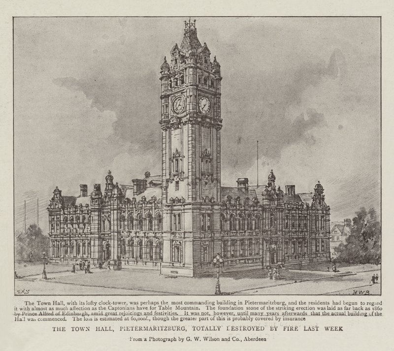 Radnice, Pietermaritzburg, minulý týden zcela zničena požárem od Henry William Brewer