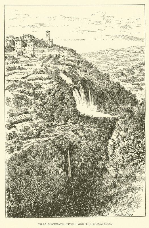 Villa Mecenate, Tivoli a Cascatelle (rytina) od Henry William Brewer