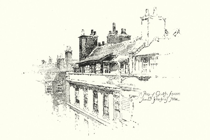 Pohled na Gough Square, Londýn, z podkroví Dr Johnsona (litho) od Herbert (after) Railton