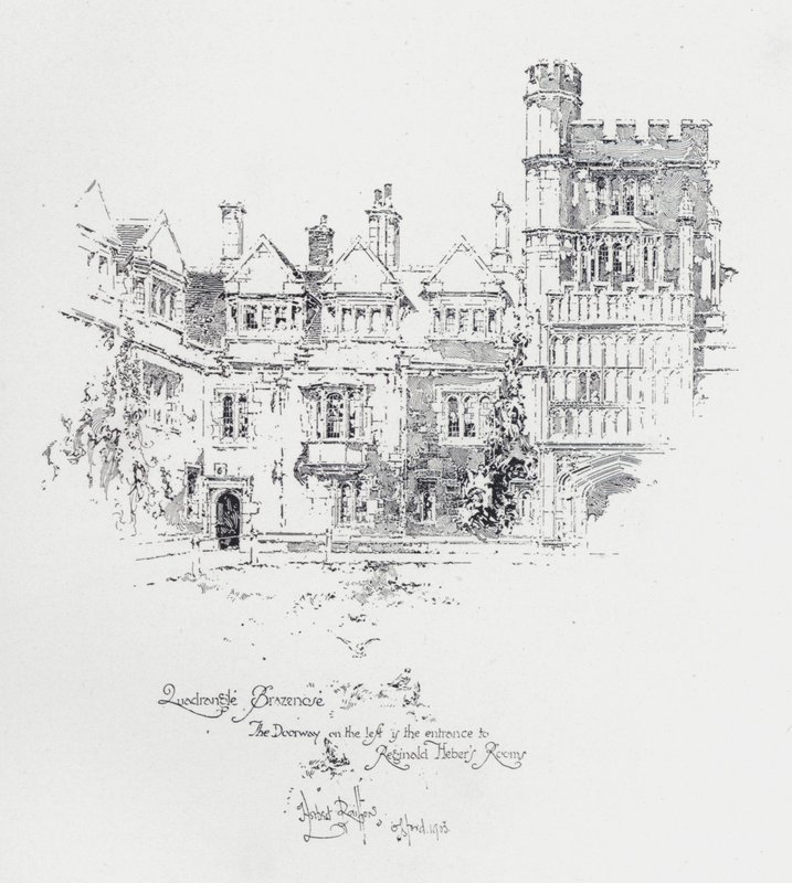 Brasenose College, Oxford, ukazující vchod do pokojů anglického duchovního a spisovatele Reginalda Hebera (litho) od Herbert (after) Railton