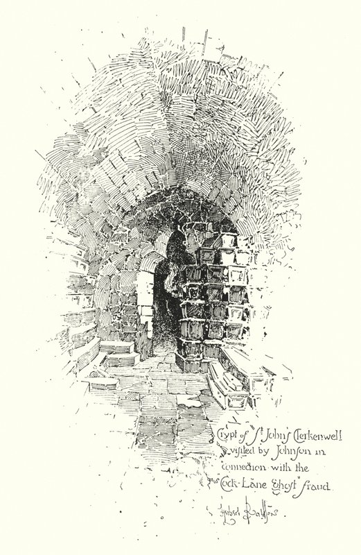 Crypt, St John’s Clerkenwell, kterou navštívil Dr Johnson v souvislosti s podvodem Cock Lane Ghost (litho) od Herbert (after) Railton