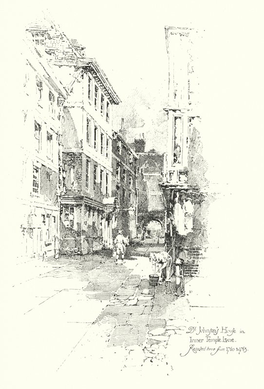 Dům doktora Johnsona, Inner Temple Lane, tam sídlil v letech 1760 až 1765 (litho) od Herbert (after) Railton