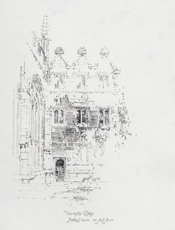 Pokoj anglického básníka Percy Bysshe Shelleyho v prvním patře University College v Oxfordu (litho) od Herbert (after) Railton