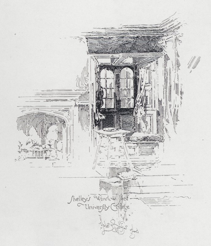 Sedadlo anglického básníka Percy Bysshe Shelley u okna na University College v Oxfordu (litho) od Herbert (after) Railton