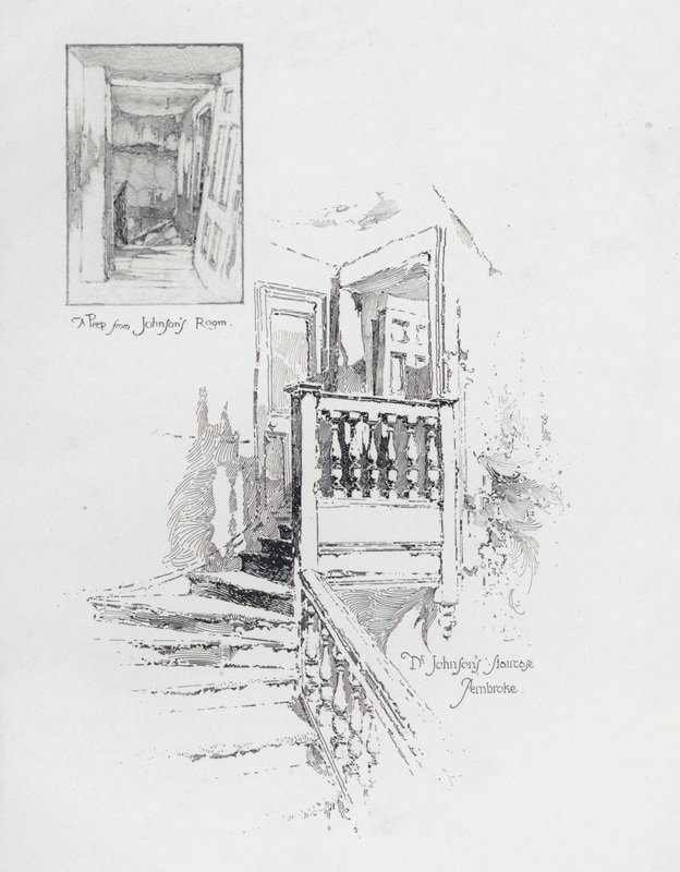 Pokoj a schodiště anglického spisovatele Samuela Johnsona, Pembroke College, Oxford (litho) od Herbert (after) Railton