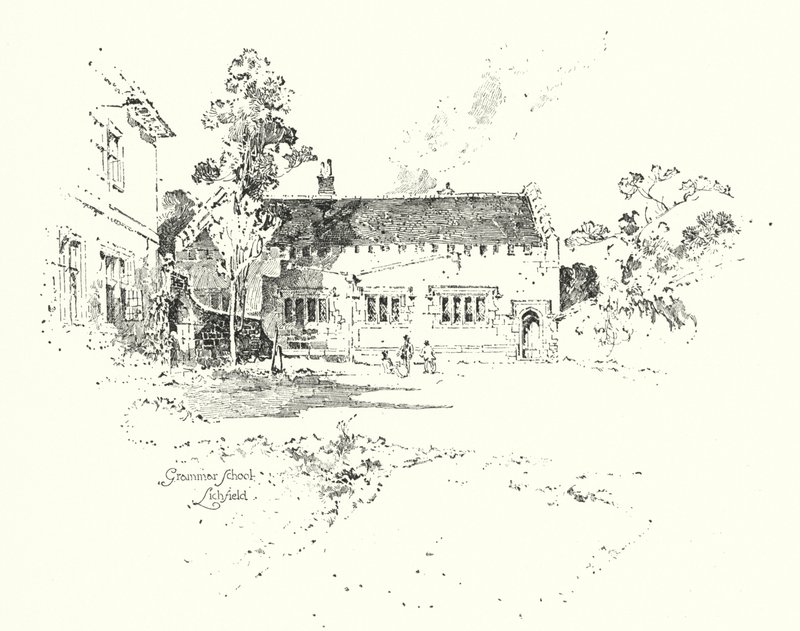 Gymnázium, Lichfield, kam chodil doktor Johnson do školy (litho) od Herbert (after) Railton