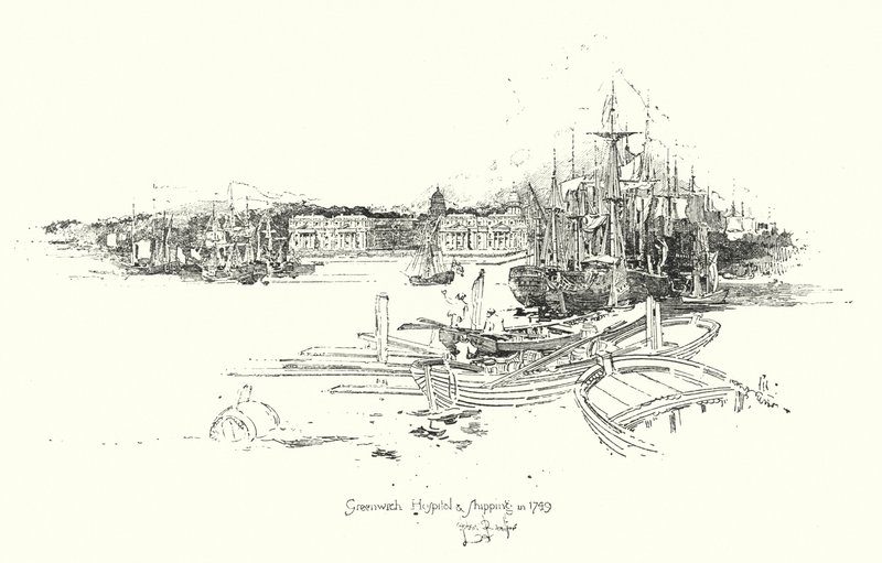 Greenwichská nemocnice a lodní doprava, v roce 1749 (litho) od Herbert (after) Railton
