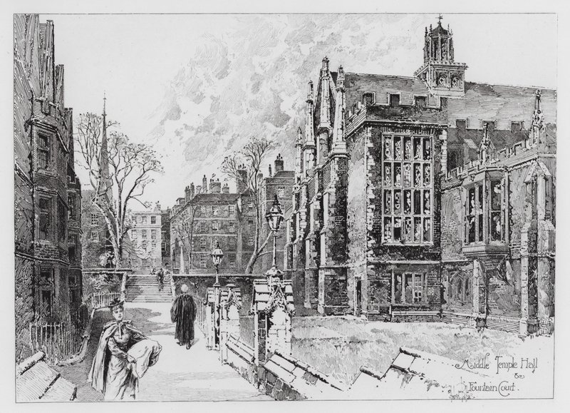 Middle Temple Hall a Fountain Court (rytina) od Herbert (after) Railton
