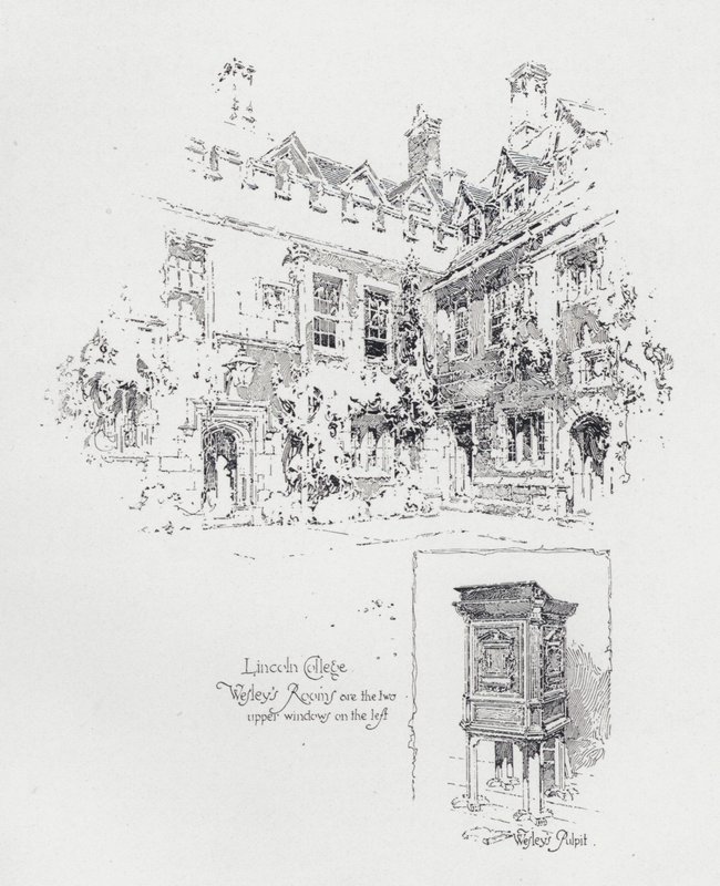 Kazatelna používaná anglickým metodistickým kazatelem Johnem Wesleym a jeho pokoji na Lincoln College v Oxfordu (litho) od Herbert (after) Railton