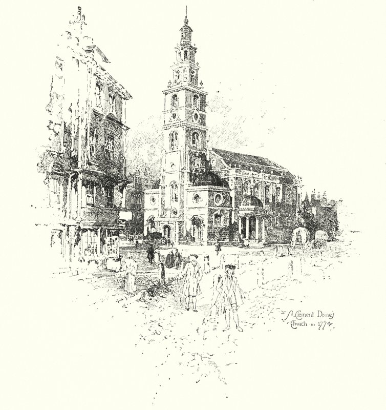 Kostel St Clement Dane, Londýn, v roce 1774 (litho) od Herbert (after) Railton