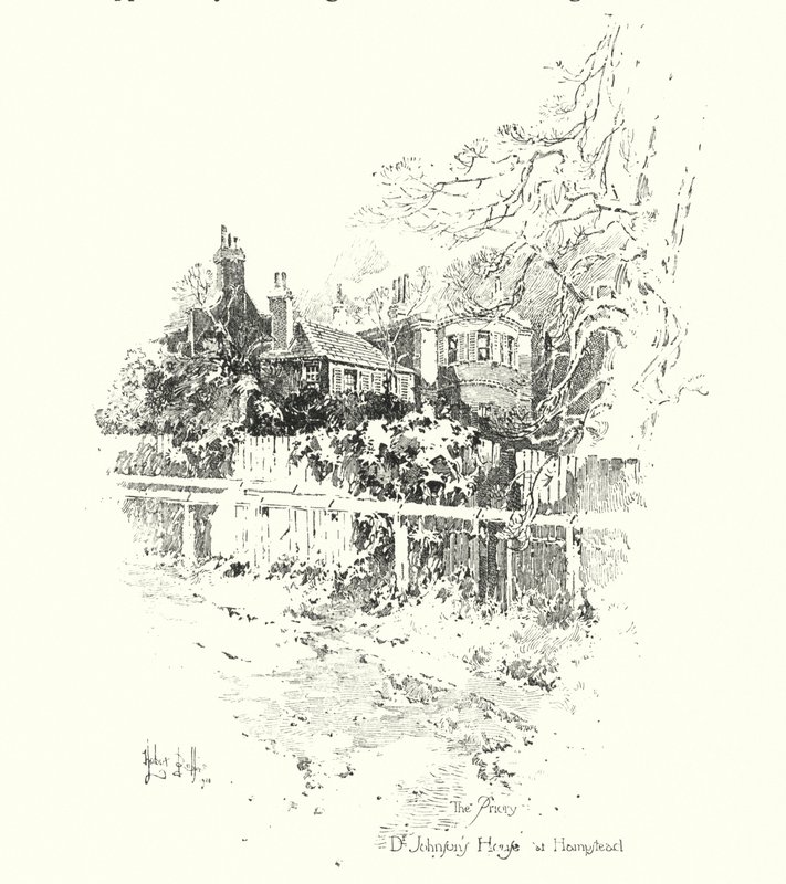 The Priory, Dům doktora Johnsona, v Hampstead, Londýn (litho) od Herbert (after) Railton