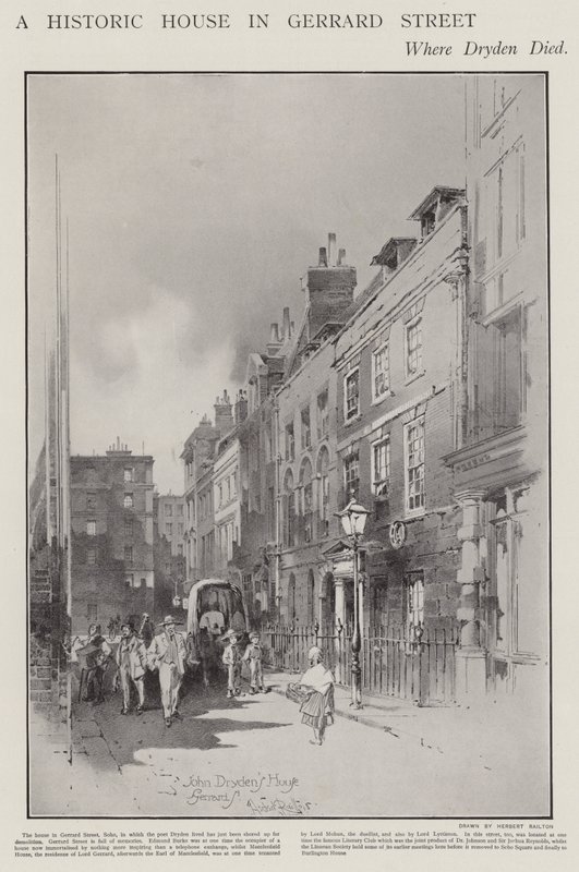 Dům na Gerrard Street v Londýně, kde v roce 1700 zemřel básník John Dryden (litho) od Herbert (after) Railton