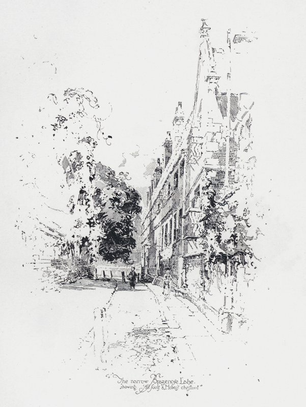 Úzká ulice Brasenose Lane, Oxford, ukazující All Souls