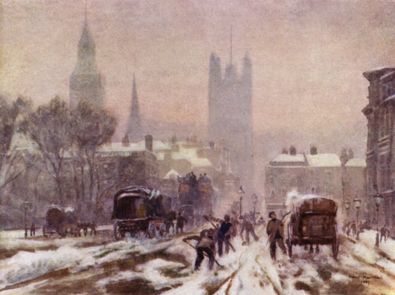 Zasněžené ráno, Whitehall (barevné lito) od Herbert Menzies (after) Marshall