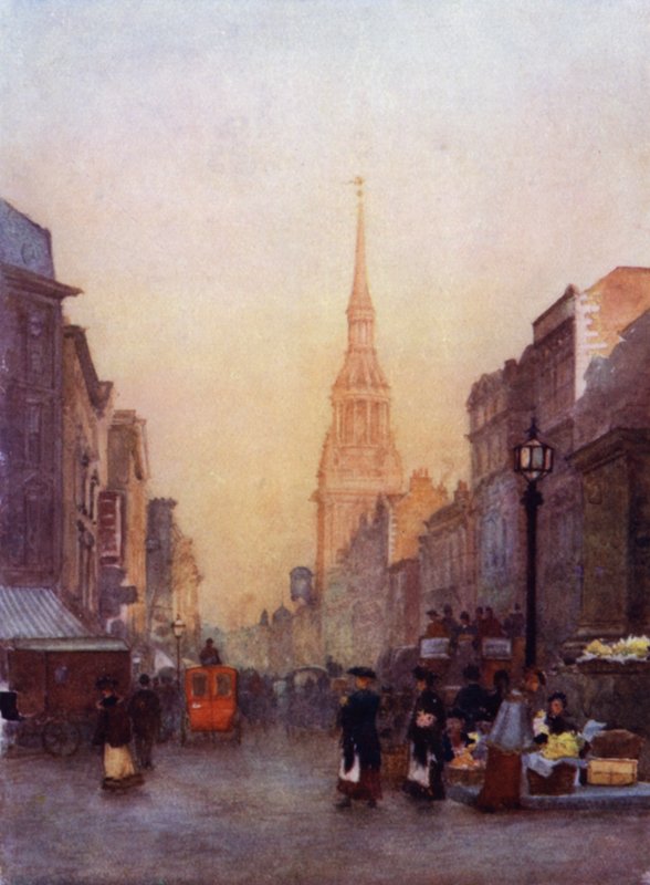 Cheapside, Bow Church v dálce (barevné lito) od Herbert Menzies (after) Marshall