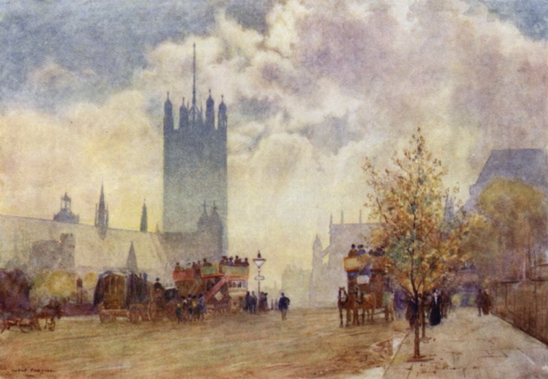 Victoria Tower a East End of Westminster Abbey (barevné lito) od Herbert Menzies (after) Marshall