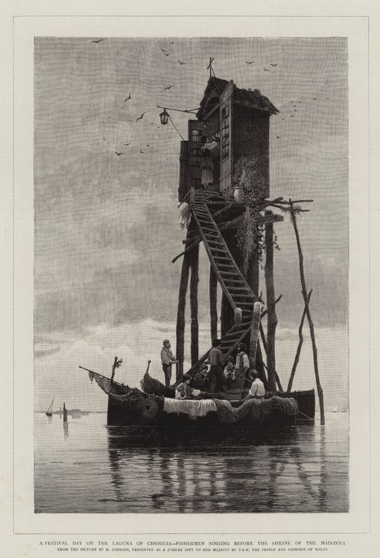 Festivalový den na laguně Chioggia, rybáři zpívající před svatyní Madony od Hermann David Salomon Corrodi