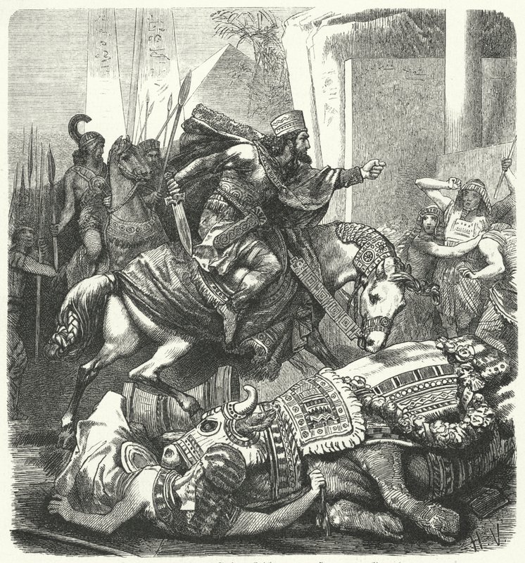 Perský císař Artaxerxes III Ochus zabíjí posvátného býka Apis Egypťanů od Hermann Vogel