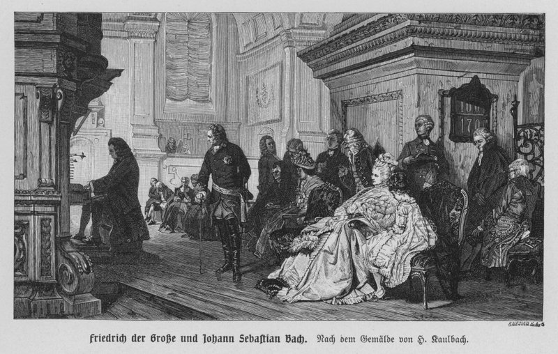 Johann Sebastian Bach hraje pro Fridricha Velikého, pruského krále (rytina) od Hermann Kaulbach